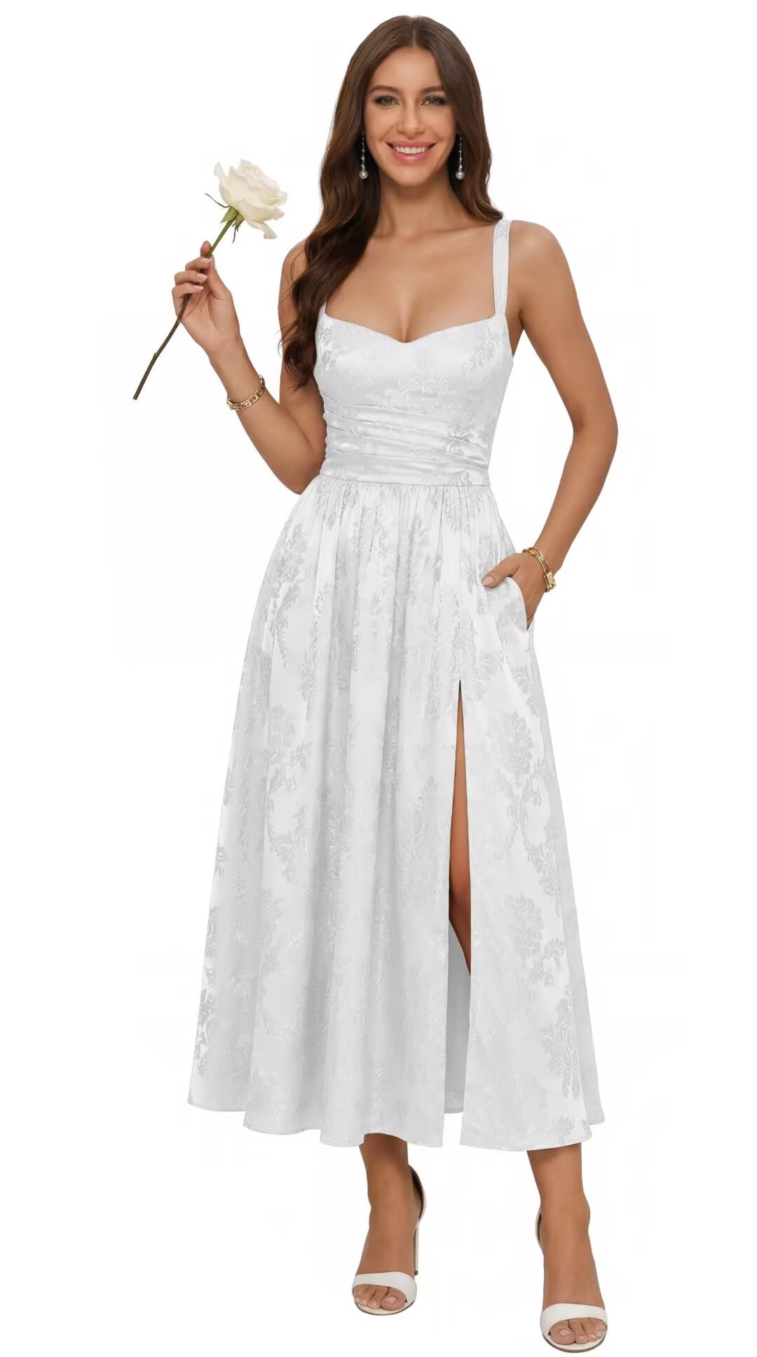 Jacquard Satin Bridesmaid Dresses for Women Spaghetti Straps A Line Tea Length Formal Evening Dress