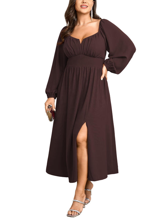Women Plus Size Formal Dresses Long Sleeve Square Neck Wedding Guest Cocktail Split A-Line Maxi Long Dress