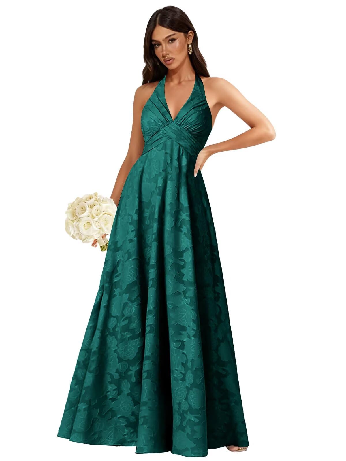 Floral Lace Bridesmaid Dresses for Women Long V Neck A-Line Open Back Halter Formal Evening Gown