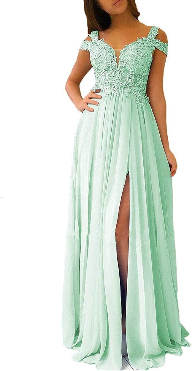 Women's Lace Appliques Prom Dresses Long with Slit Cold Shoulder Formal Party Gown