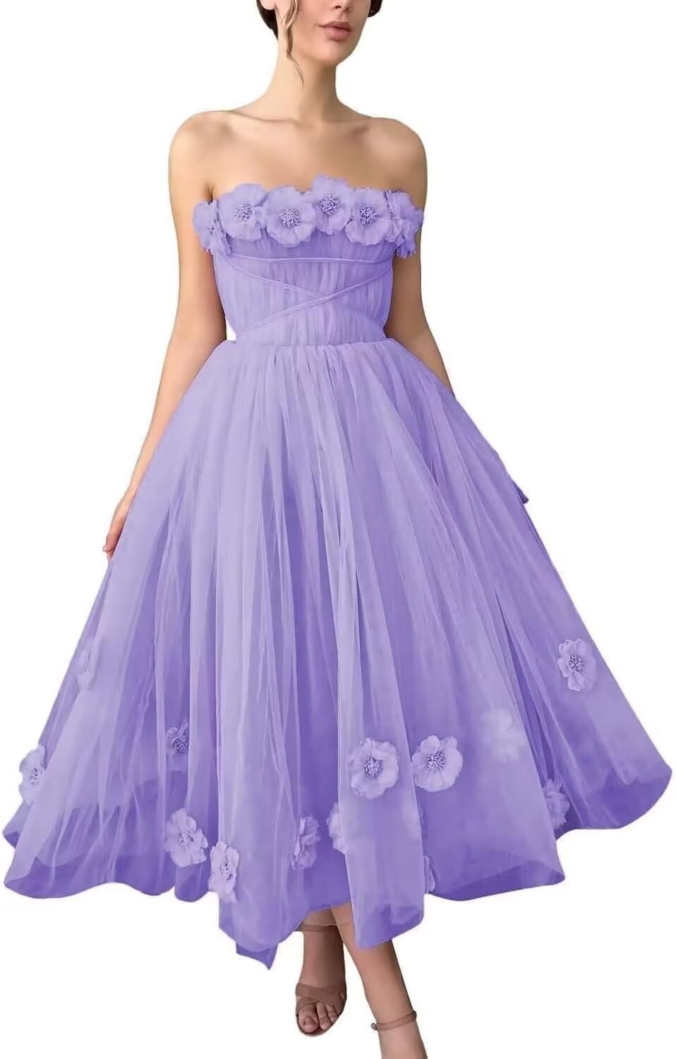 Women's 3D Flower Off Shoulder Tea Length Whimsical Prom Dress, A Line Strapless Tulle Formal Evening Party Gown