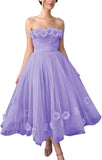 Women's 3D Flower Off Shoulder Tea Length Whimsical Prom Dress, A Line Strapless Tulle Formal Evening Party Gown