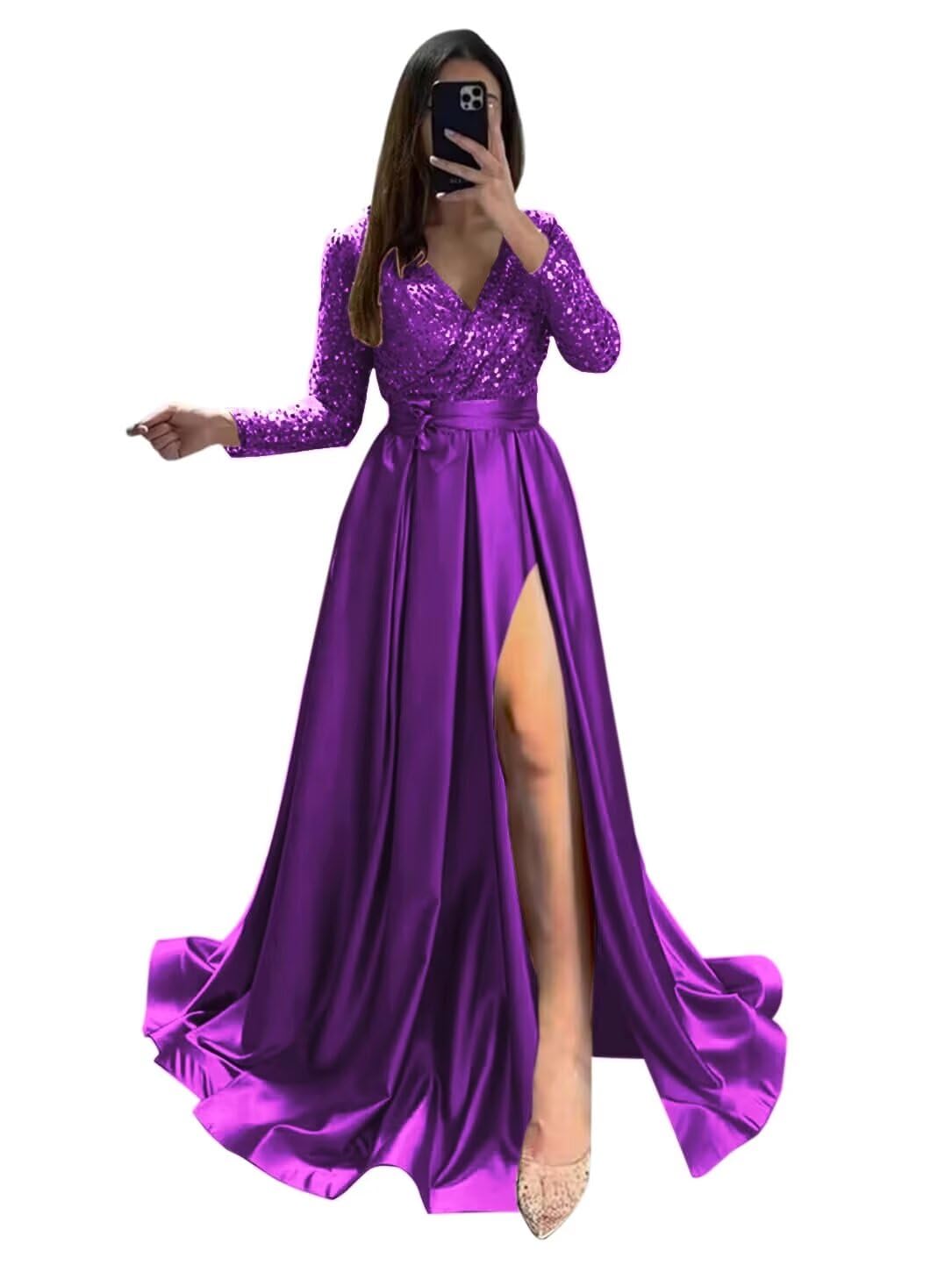 Long Sleeve Sequin Prom Dresses for Women 2027 Satin Formal Dress Sparkly Slit Evening Party Gown with Pocket