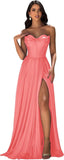 Strapless Prom Dress with Slit Satin A Line Long Ball Gowns for Women Sweetheart Corset Formal Dress with Pockets