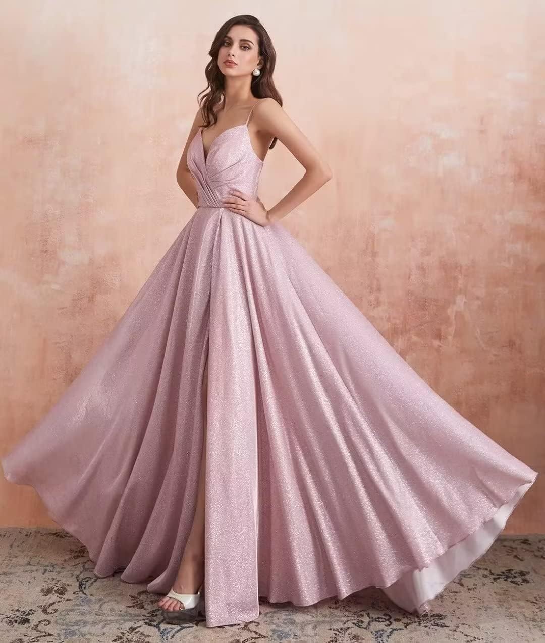 Women's Spaghetti Straps Prom Dresses Long V-Neck Sparkling Bridesmaid Dresses Formal Evening Gowns with High Slit
