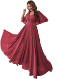 Women's Batwing Sleeve Chiffon Bridesmaid Dresses with Pockets V Neck Long Formal Evening Dress
