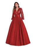 Satin Mother of Bride Dresses Long for Women Sequin Long Sleeve Evening Gown with Pockets