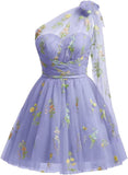 One Shoulder Homecoming Dresses for Teens Flower Embroidery Tulle Short Prom Dress A-Line Formal Party Ball Gowns