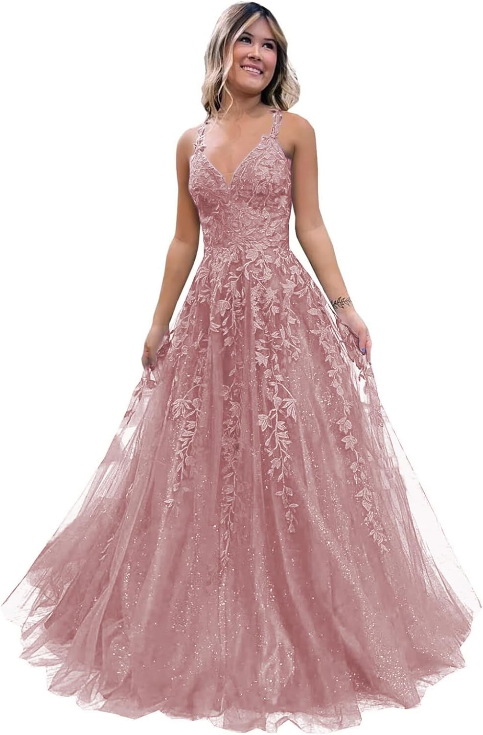 Women's Sparkly Tulle Lace Applique Prom Dresses 2025 Long Spaghetti Straps Formal Evening Gowns