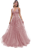 Women's Sparkly Tulle Lace Applique Prom Dresses 2025 Long Spaghetti Straps Formal Evening Gowns