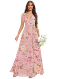 Chiffon Bridesmaid Dresses for Women Ruffles V Neck Flowy Long Formal Evening Dress with Bow