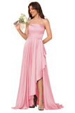 Women's Long Satin Bridesmaid Dresses Spaghetti Strap Halter Formal Evening Gown Ruffle High Low Wedding Guest Dress