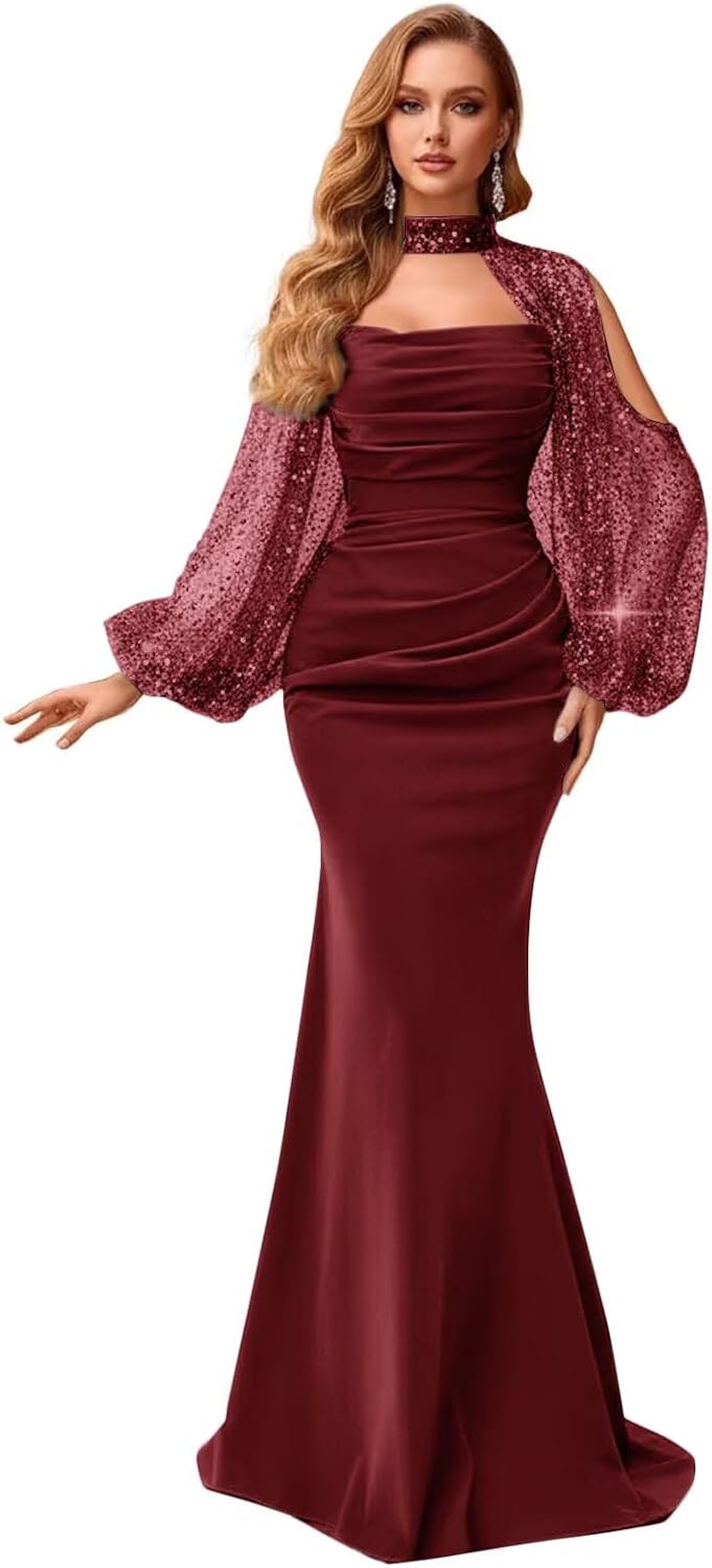 Kingbridal Gowns Long Sleeve Prom Dresses 2026 Mermaid Satin Formal Dress for Women Sparkly Sequin Halter Neck Evening Party Gowns