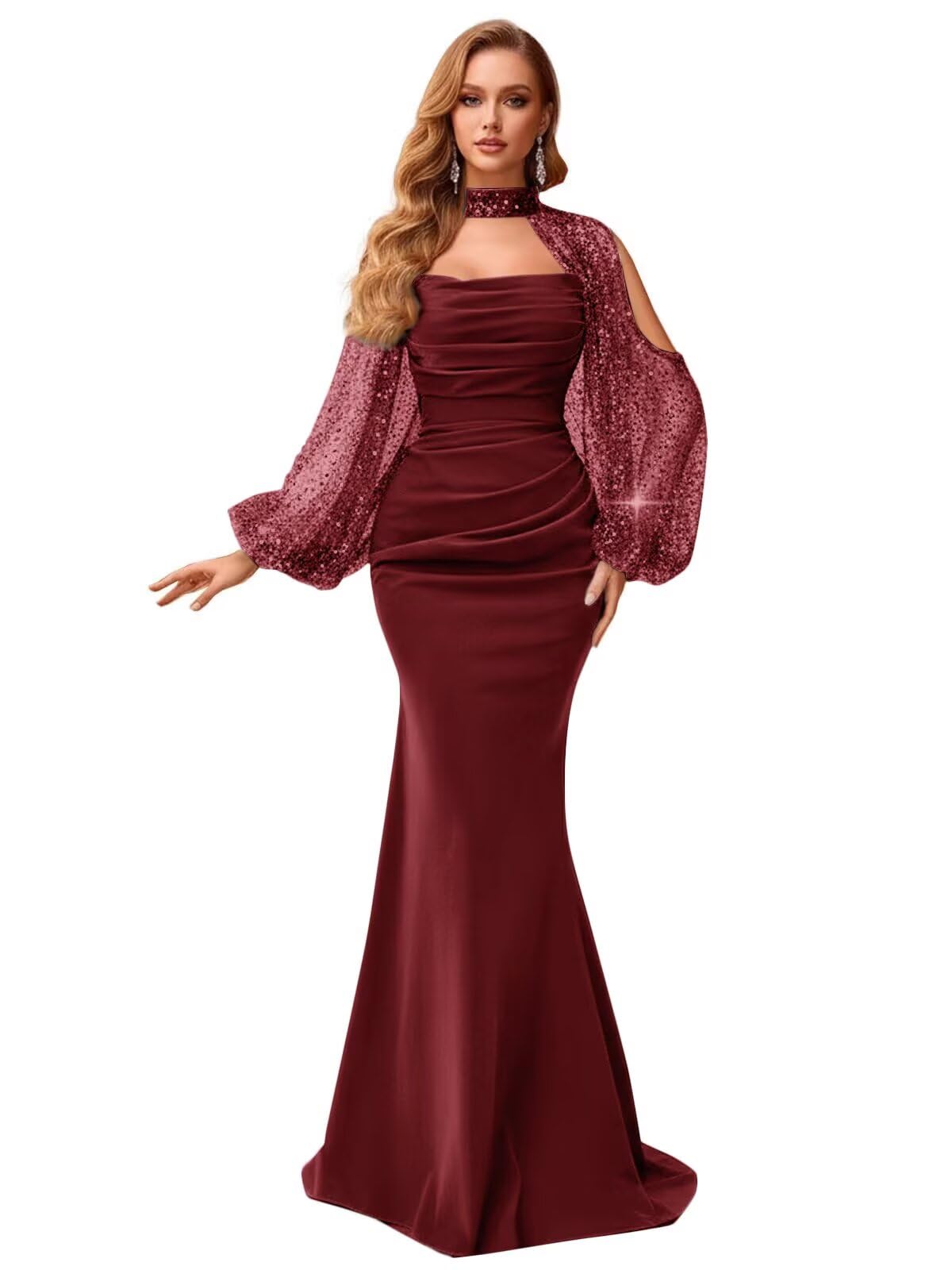 Kingbridal Gowns Long Sleeve Prom Dresses 2026 Mermaid Satin Formal Dress for Women Sparkly Sequin Halter Neck Evening Party Gowns
