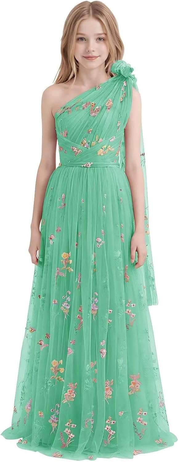 One Shoulder Long Tulle Junior Bridesmaid Dresses for Wedding Flower Girl Dress Formal Prom Gown