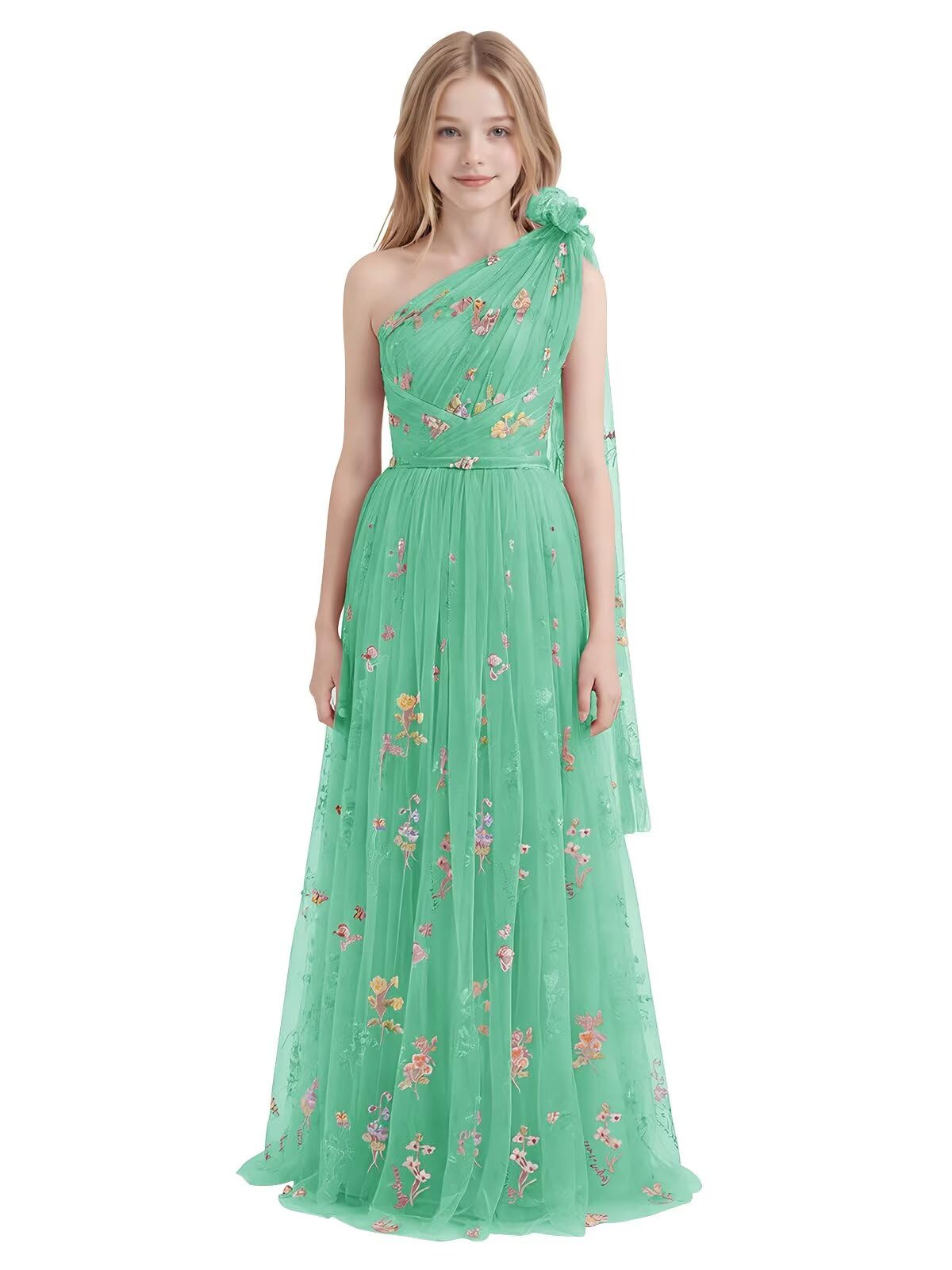 One Shoulder Long Tulle Junior Bridesmaid Dresses for Wedding Flower Girl Dress Formal Prom Gown