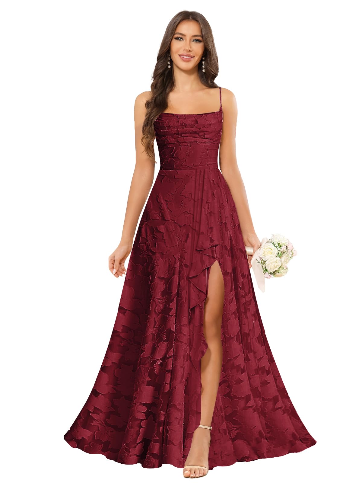 Women’s Ruffled Bridesmaid Dresses Scoop Neck Floral Chiffon Formal Dress Wrap Pleated Wedding Guest Dress