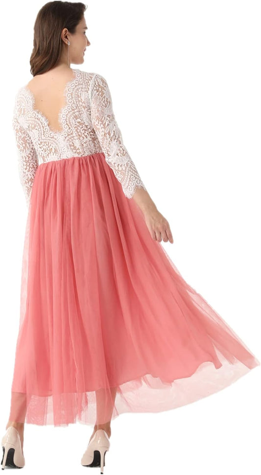 Vestido largo de tul con encaje de pestañas y espalda en V de Kingbridals para dama de honor