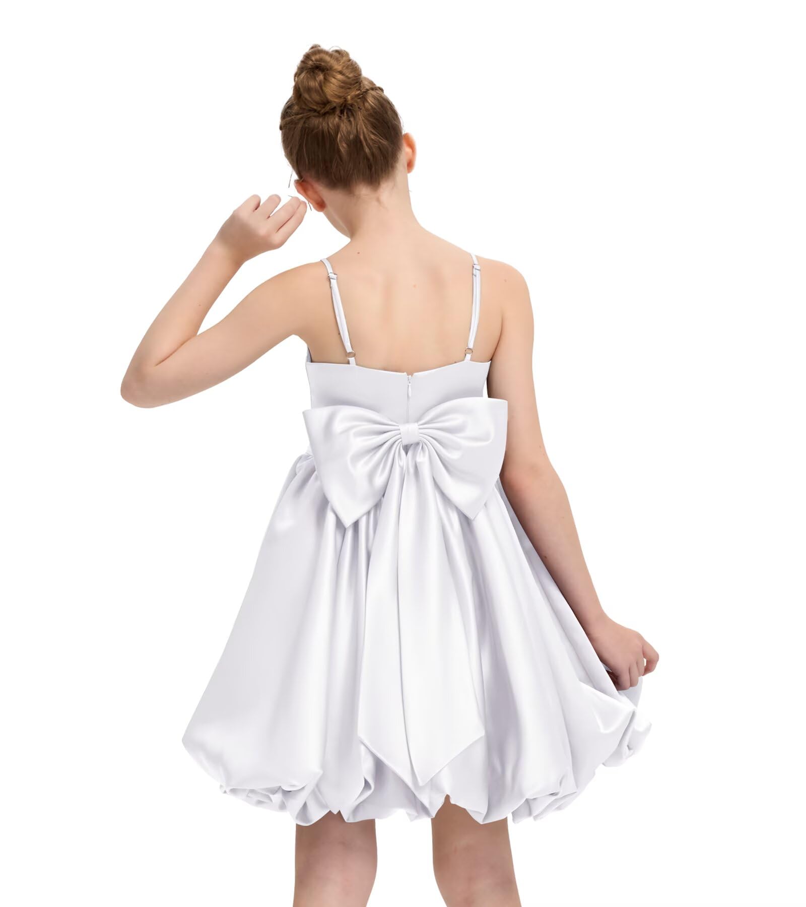 Satin Homecoming Dress for Girls Short Satin Flower Girl Dresses for Wedding Party Prom Gown with Bow