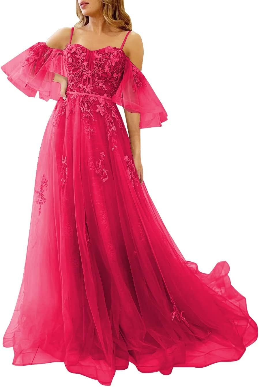 Vestidos de fiesta de tul con hombros descubiertos para adolescentes, vestidos formales con apliques de encaje, vestido de fiesta de noche formal de línea A