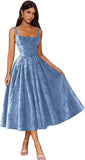 Jacquard Satin Prom Dresses 2026 Floral Square Neck Tea Length Ruched Elegant Formal Ball Gown with Pockets