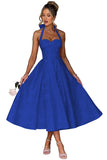 Jacquard Satin Prom Dresses for Women Vintage A-Line Midi Halter Sweetheart Formal Evening Party Gowns with Pockets