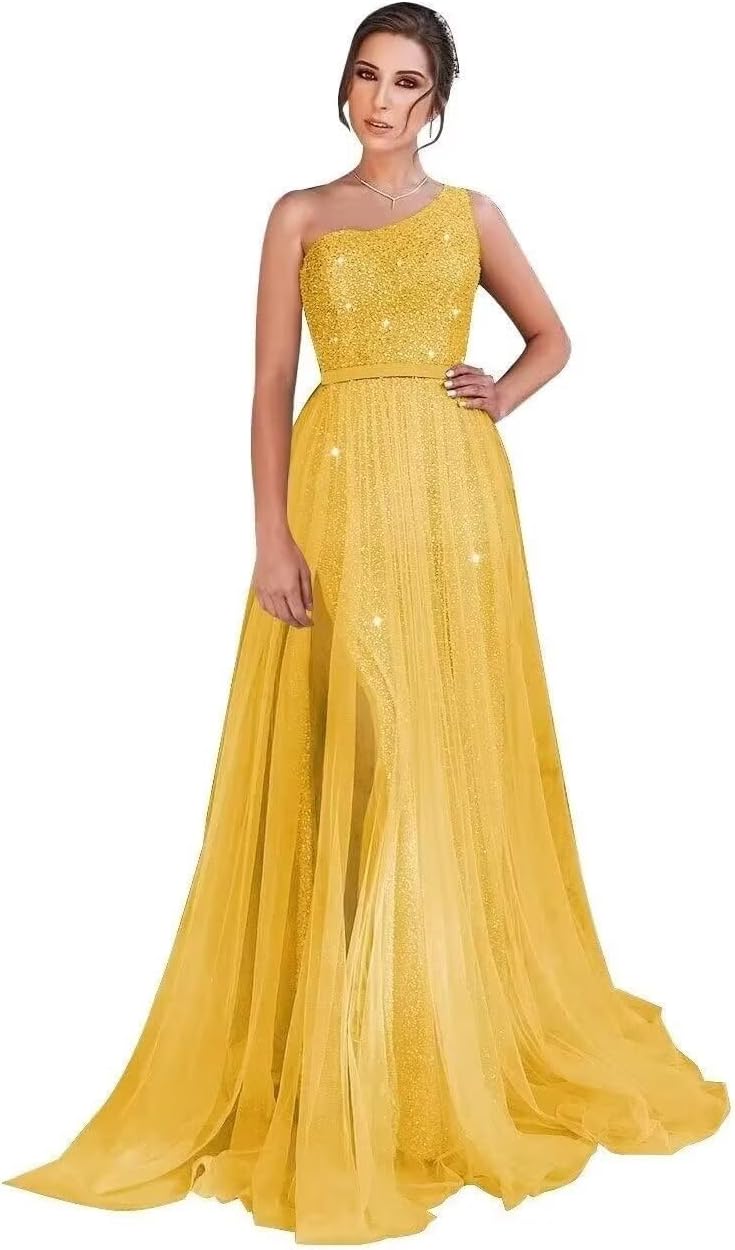 One Shoulder Sequin Prom Dress Long A-Line Tulle Formal Evening Gowns for Women 2027