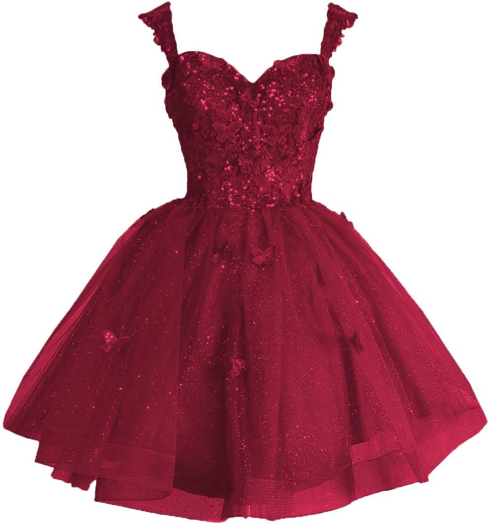 Off Shoulder Glitter Tulle Homecoming Dresses for Teens 3D Butterfly Short Prom Dress Sequin Quinceanera Dresses