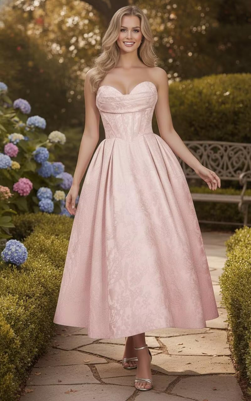 Strapless Floral Satin Prom Dresses for Women 2026 Jacquard Aline Formal Evening Party Dress with Pockets