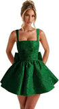 Jacquard Satin Homecoming Dresses for Teens Spaghetti Straps Short Prom Dress A-line Cocktail Party Gowns with Bow
