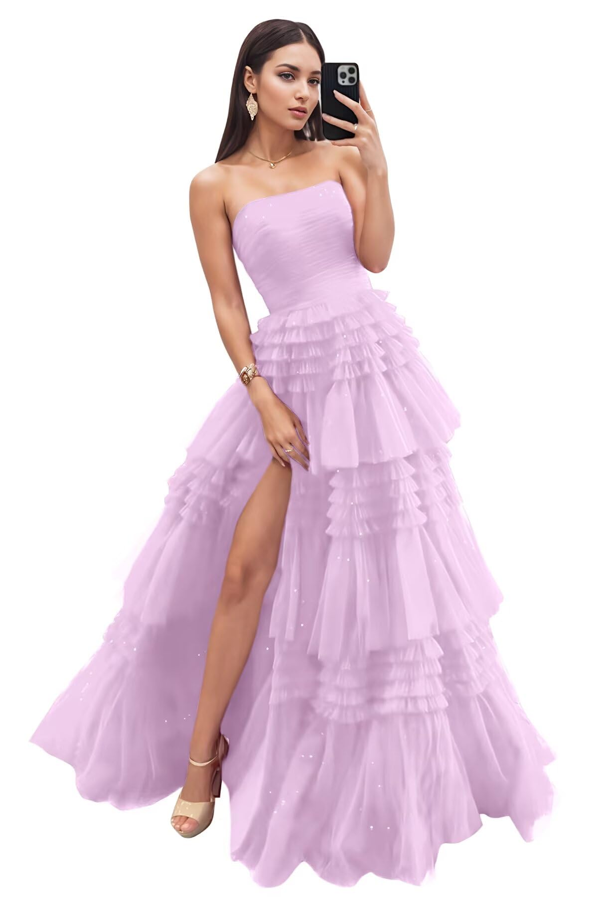 Strapless Tiered Tulle Prom Dresses for Women 2027 Long Sparkly A-Line Formal Evening Party Ball Gowns with Slit
