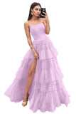 Strapless Tiered Tulle Prom Dresses for Women 2027 Long Sparkly A-Line Formal Evening Party Ball Gowns with Slit