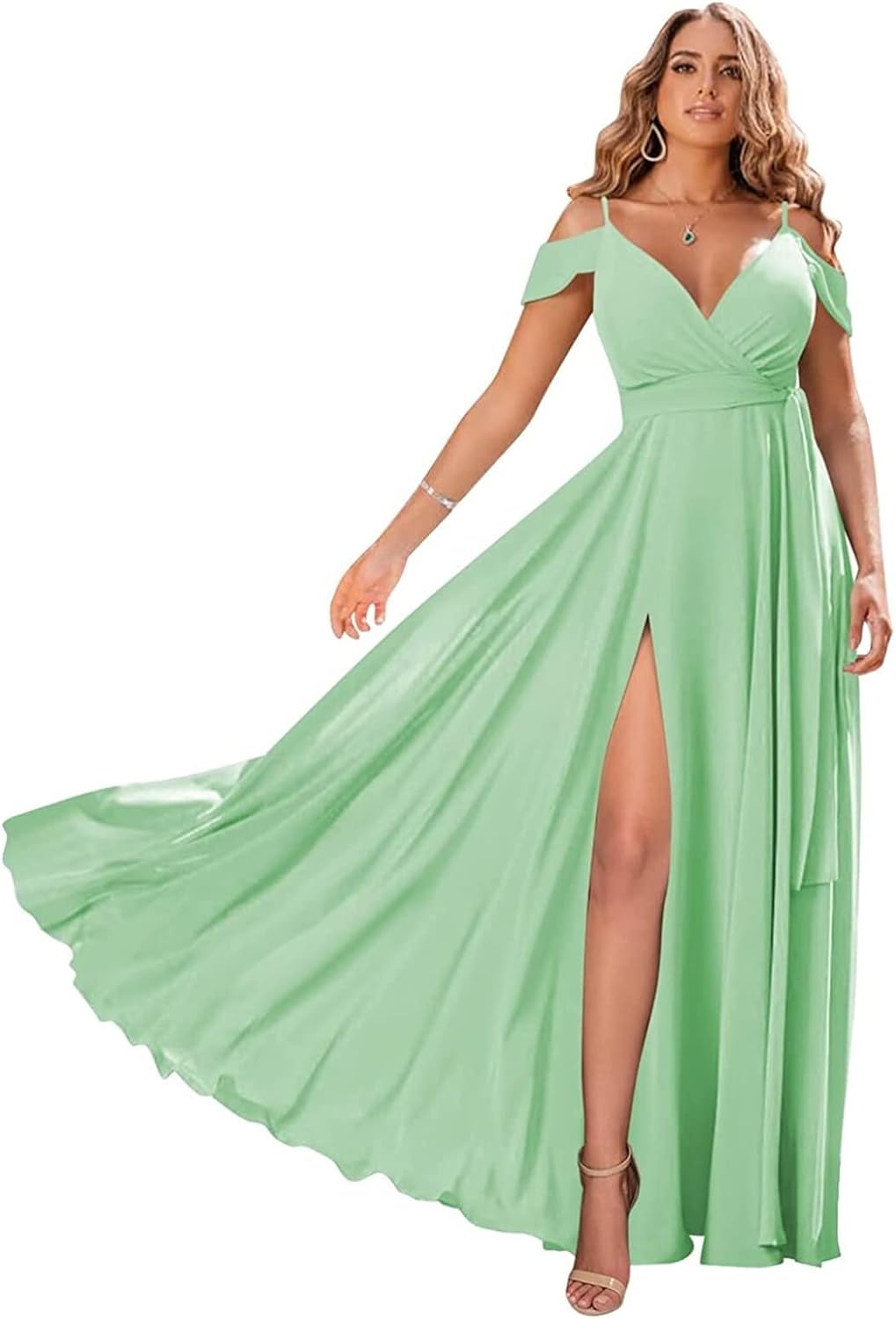 Schulterfreie Brautjungfernkleider 2025 für Frauen, langes Chiffon-Abendkleid mit V-Ausschnitt und Schlitz