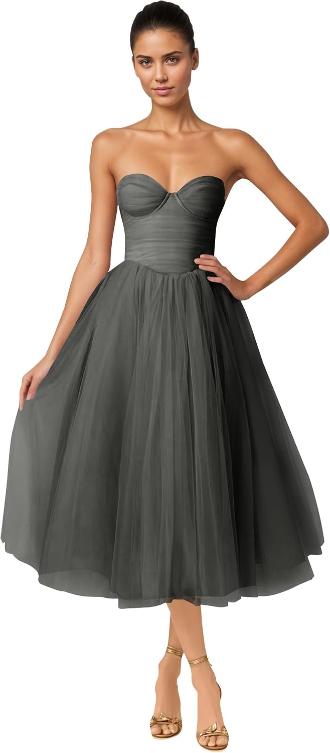 Strapless Prom Dresses Sweetheart Tulle Ball Gowns Corset Short Homecoming Dresses Pleated Lace-up Evening Dresses