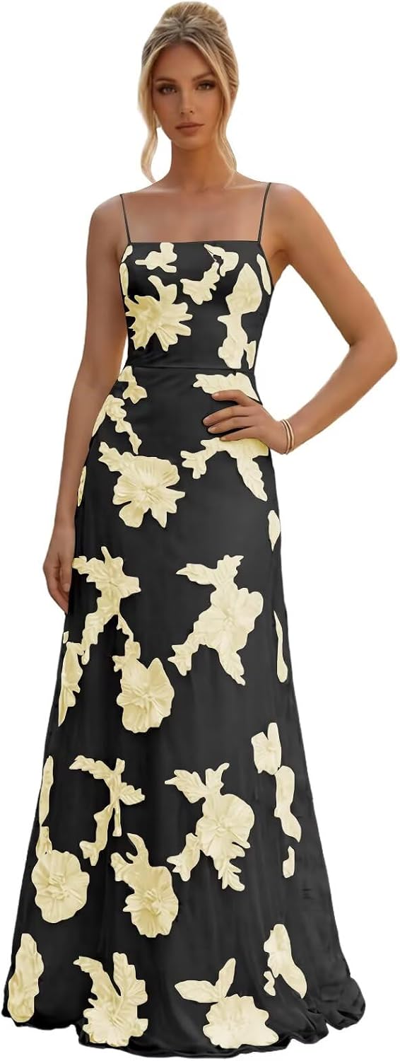 Floral Embroidery Prom Dresses for Women Spaghetti Straps A Line Formal Maxi Dress