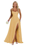Ruffle Chiffon Bridesmaid Dress Long Square Neck Pleated Formal Gowns with Slit for Women Plus Size Spaghetti Straps Ruffles
