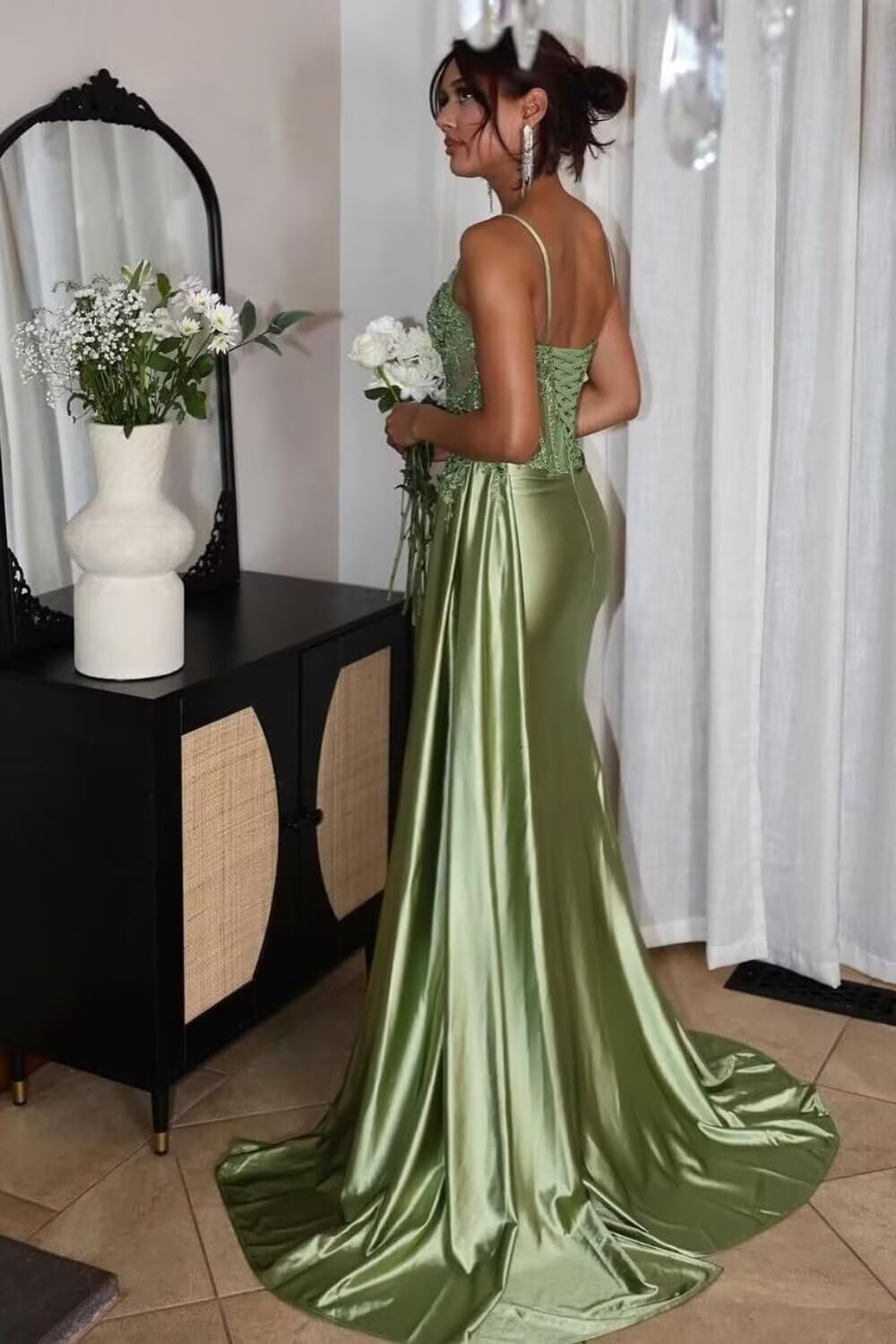Lace Satin Prom Dresses for Women 2026 Long Mermaid Spaghetti Straps Corset Formal Evening Party Dress with Slit