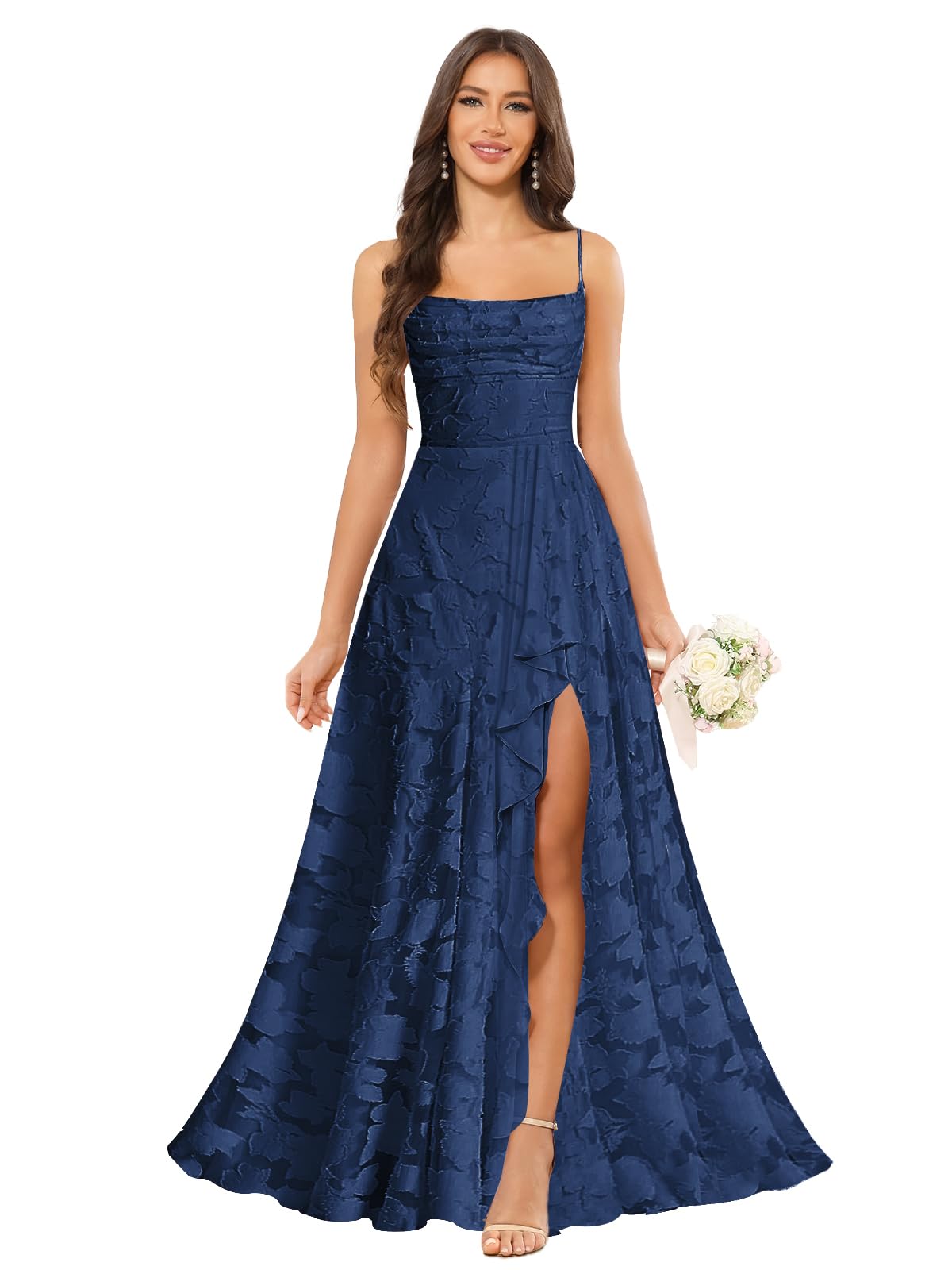 Women’s Ruffled Bridesmaid Dresses Scoop Neck Floral Chiffon Formal Dress Wrap Pleated Wedding Guest Dress