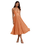 Floral Satin Midi Wedding Guest Dresses Pleated Tea Length Formal Evening Party Gowns