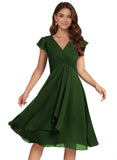Short Chiffon Bridesmaid Dresses for Women V Neck Flutter Sleeves Ruffle Formal Cocktail Gowns with Pockets