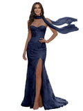 Floral Prom Dresses for Teens Strapless Mermaid Corset Tulle Formal Evening Gown with Slit Scarf