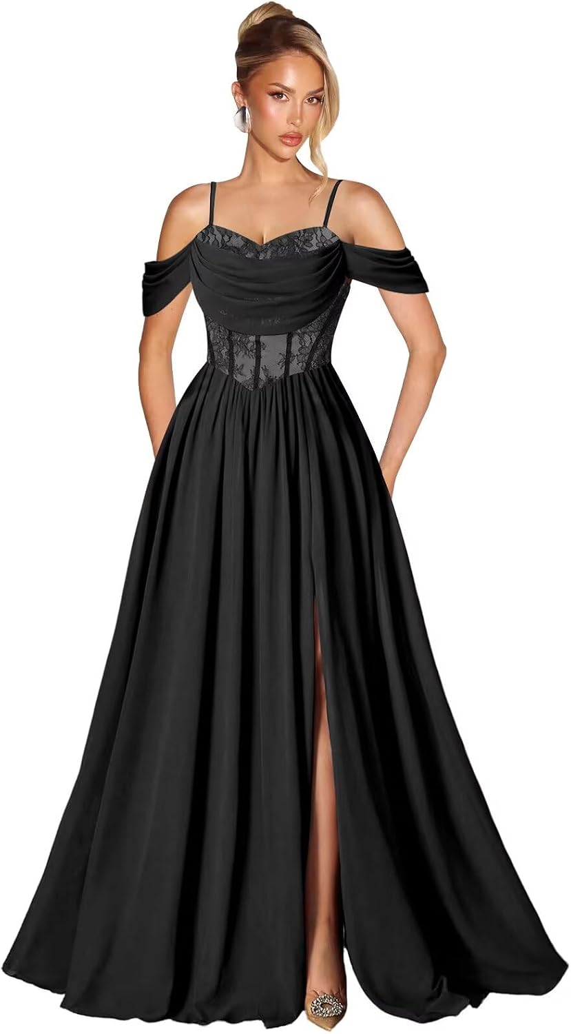 Off Shoulder Lace Applique Prom Dress with Slit A Line Ball Gown Pleated Corset Long Formal Evening Dresses