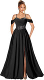 Off Shoulder Lace Applique Prom Dress with Slit A Line Ball Gown Pleated Corset Long Formal Evening Dresses
