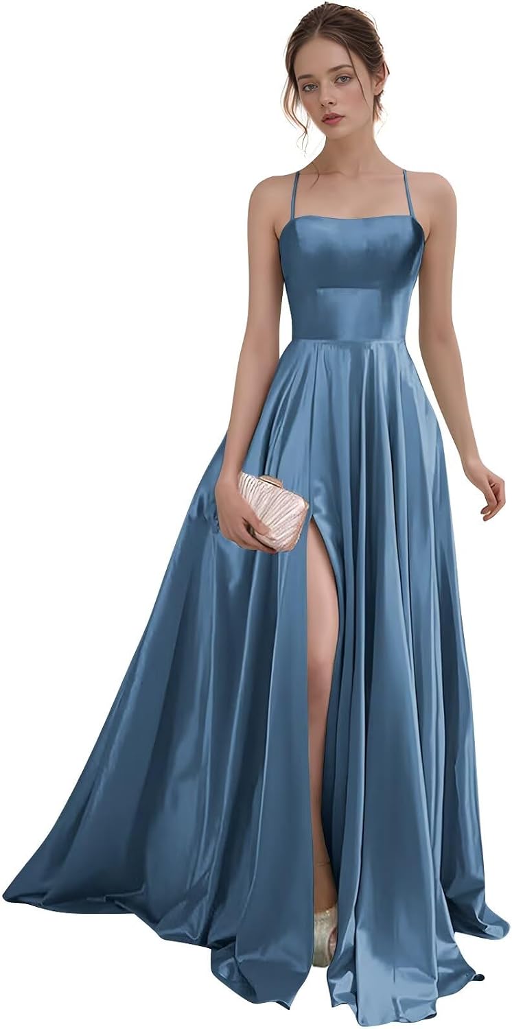 Women's Satin Prom Dresses with Slit Strapless A Line Corset Ball Gowns Spaghetti Straps Formal Evening Gowns with Pockets