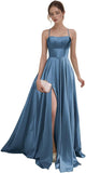 Women's Satin Prom Dresses with Slit Strapless A Line Corset Ball Gowns Spaghetti Straps Formal Evening Gowns with Pockets