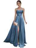 Women's Satin Prom Dresses with Slit Strapless A Line Corset Ball Gowns Spaghetti Straps Formal Evening Gowns with Pockets