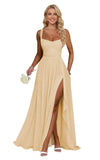 Ruffle Chiffon Bridesmaid Dress Long Square Neck Pleated Formal Gowns with Slit for Women Plus Size Spaghetti Straps Ruffles