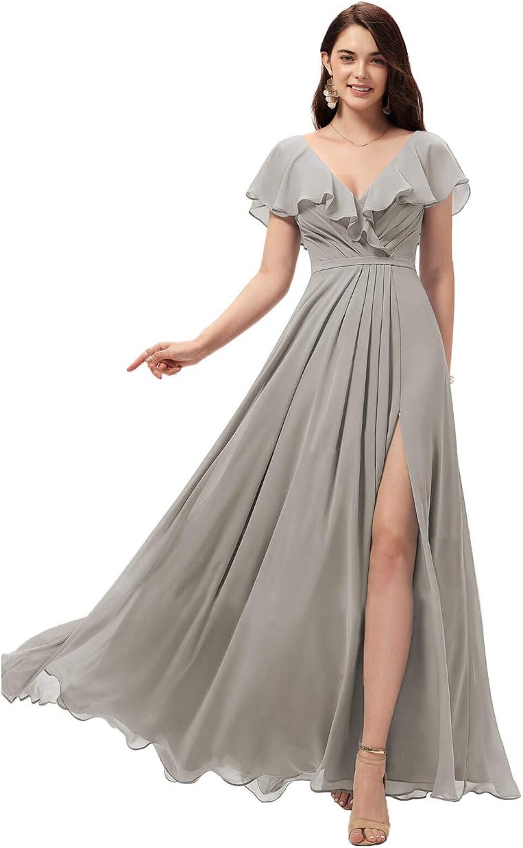 Vestidos de dama de honor largos con escote en V y volantes de gasa para mujer, vestidos de noche formales