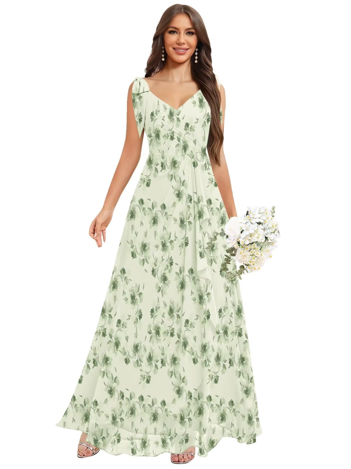 Chiffon Bridesmaid Dresses for Women Ruffles V Neck Flowy Long Formal Evening Dress with Bow
