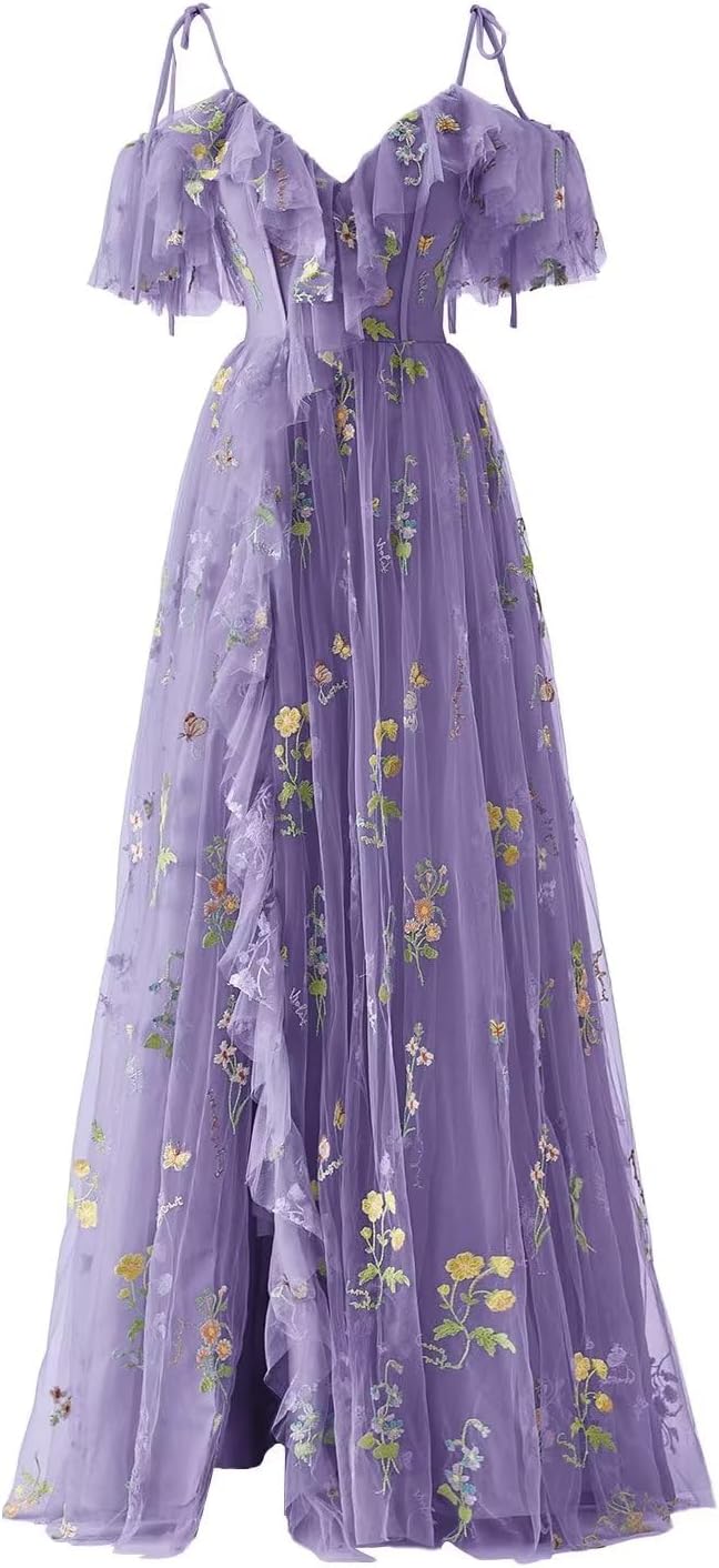 Vestidos de fiesta de tul con bordado floral para mujer, tirantes finos, largos, formales, de noche, 2024 